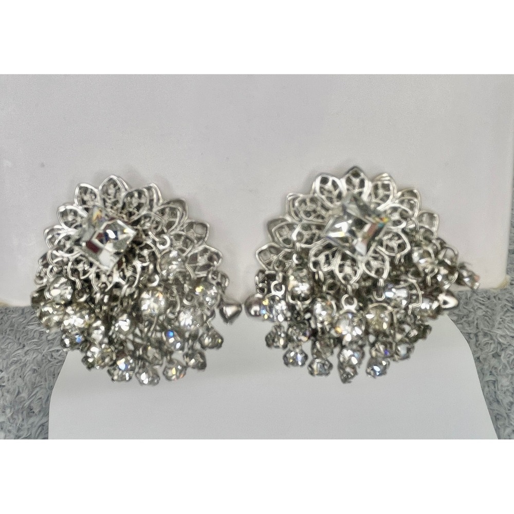 Vintage Chandelier Earrings Silver Waterfall Rhinestone Tassel Dangle Clip On